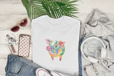 White t-shirt with colorful abstract pig graphic, laid flat with accessories.