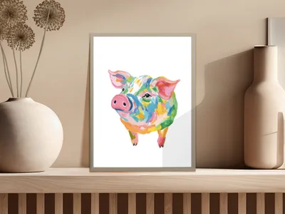 Watercolor painting of a colorful pig with pink accents.