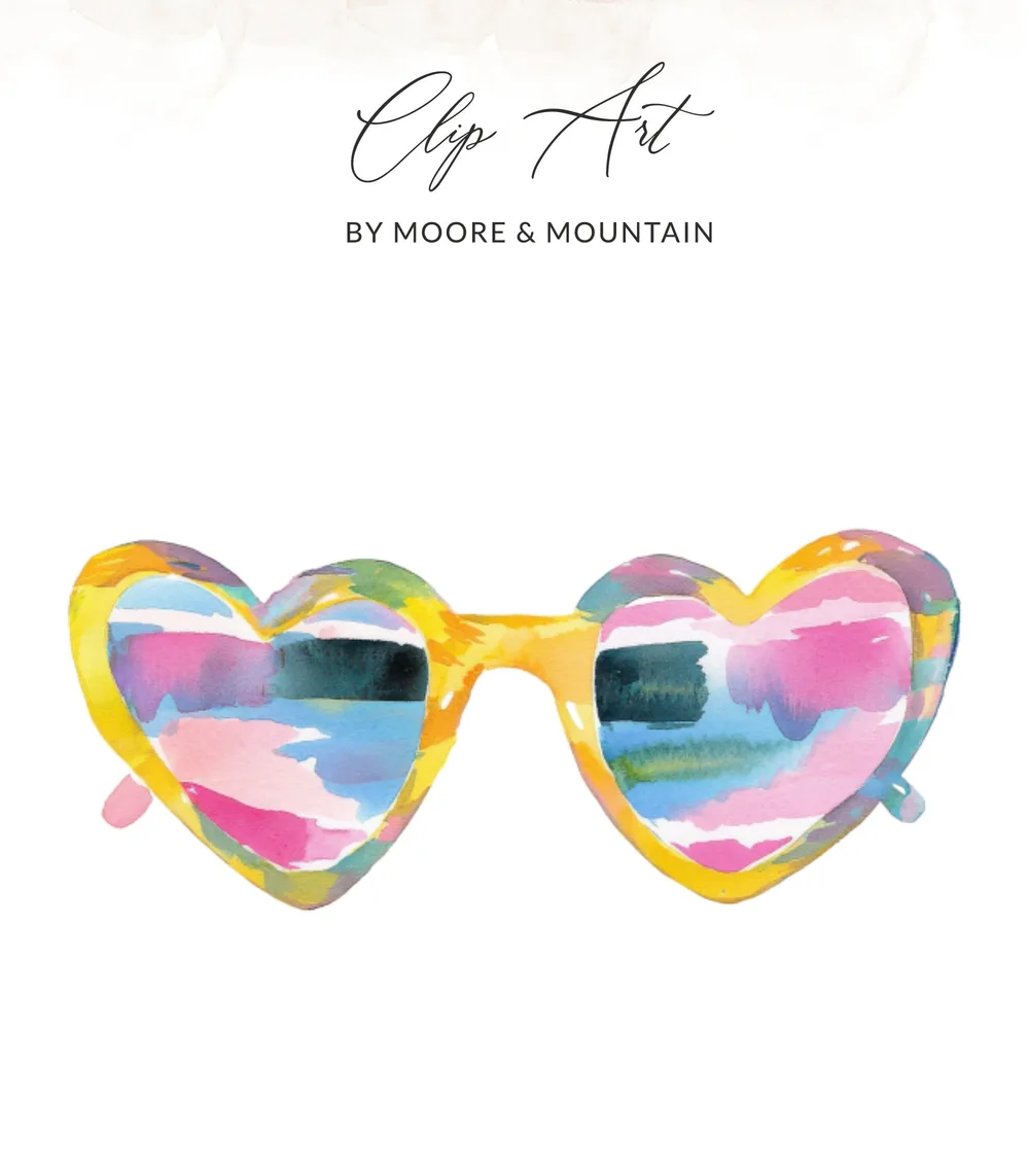 Heart-shaped sunglasses with colorful lenses and "Clip Art by Moore & Mountain" text.