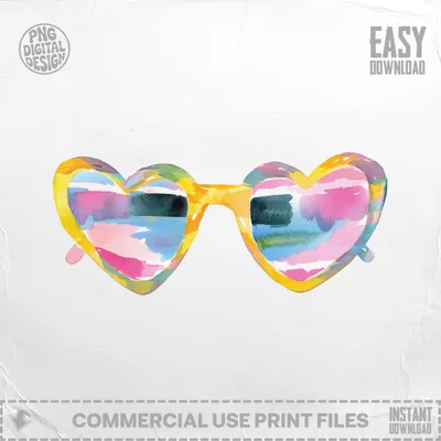 Heart-shaped sunglasses with colorful watercolor lenses.