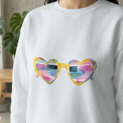 White sweatshirt with colorful heart-shaped sunglasses graphic.