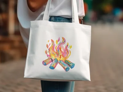 White tote bag with a colorful watercolor campfire graphic.