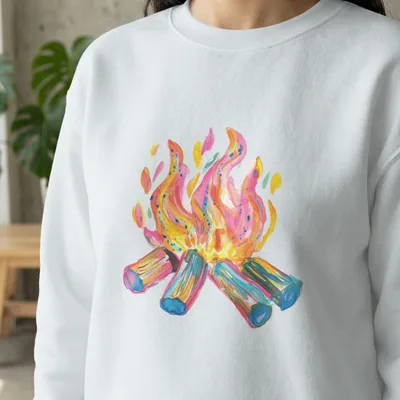 White sweatshirt with a colorful watercolor campfire graphic.