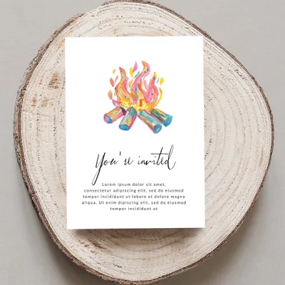 Invitation with watercolor campfire and "You're invited" text.