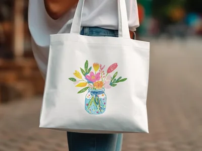 White tote bag with watercolor floral bouquet in a mason jar illustration.