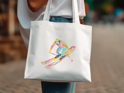 White tote bag with watercolor illustration of a skier in motion.