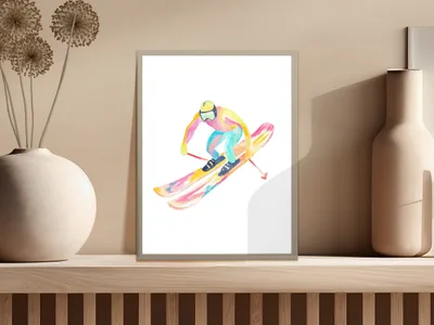 Watercolor painting of a skier in mid-air on colorful skis.