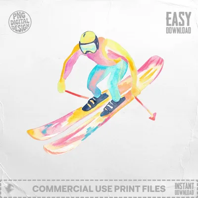 Watercolor illustration of a skier in colorful clothing on skis.