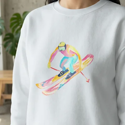 Watercolor illustration of a skier in colorful snow gear descending a slope.