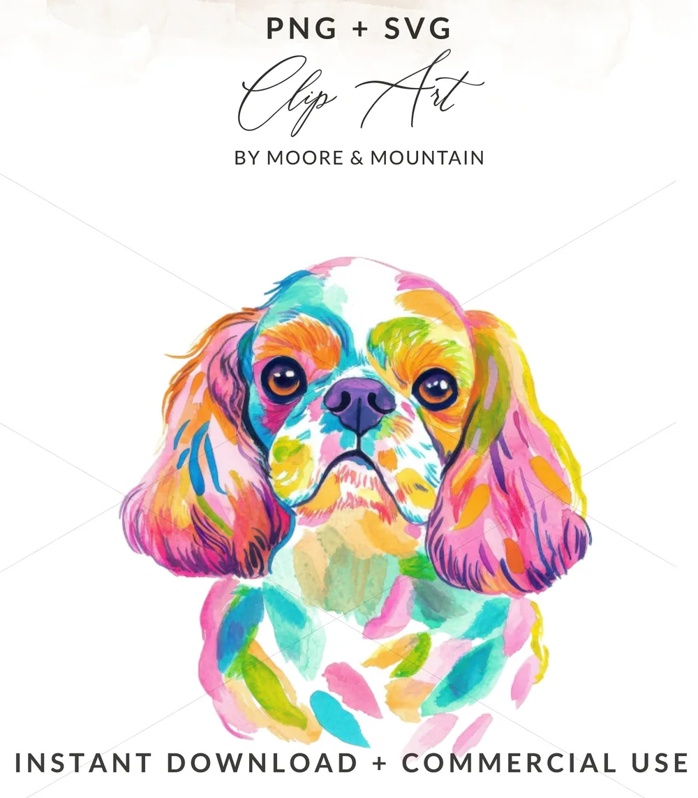 Colorful watercolor Cavalier King Charles Spaniel portrait.