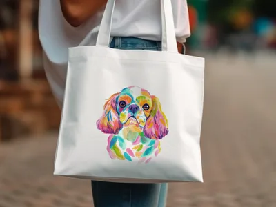 White canvas tote bag with a colorful watercolor painting of a Cavalier King Charles Spaniel.
