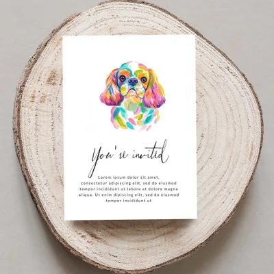 Watercolor dog portrait on "You're invited" card with placeholder text.
