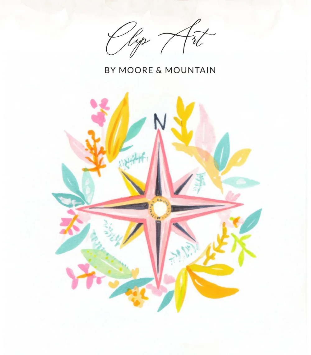 Watercolor compass rose with floral accents and text "Clip Art".
