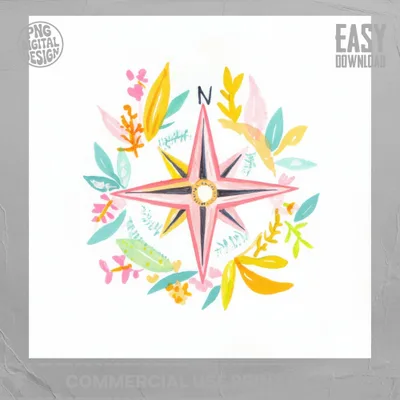 Watercolor compass rose with floral and leaf elements, labeled "N".