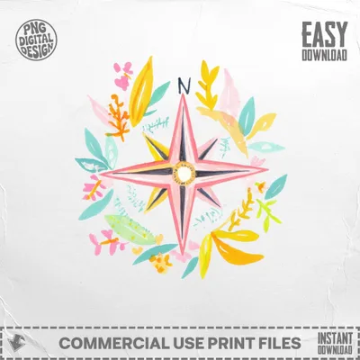 Hand-drawn compass rose with floral accents, "PNG DIGITAL DESIGN" and "EASY DOWNLOAD" text.