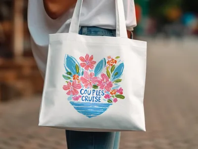 White tote bag with colorful floral design and "COUPLES CRUISE" text.