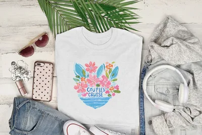 White t-shirt with "Couples Cruise" text and floral design.
