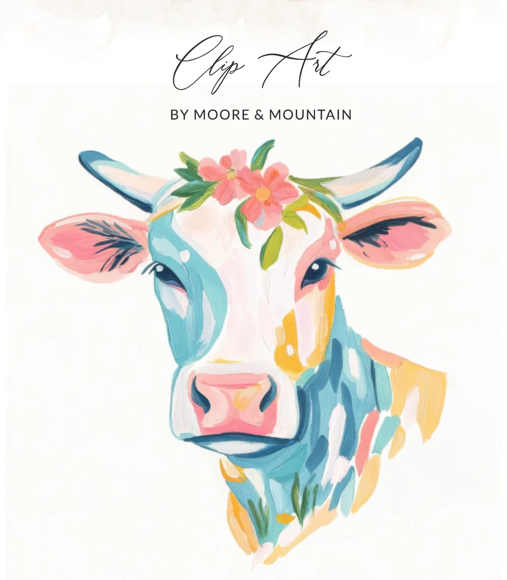 Colorful painted cow with flowers on its head and "Clip Art" text.