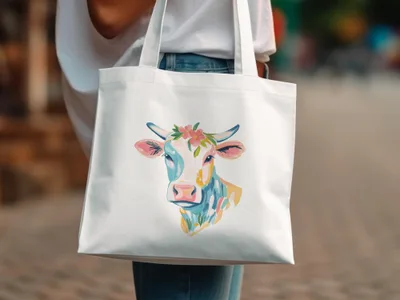 White canvas tote bag featuring a colorful watercolor cow illustration with flowers on its head.