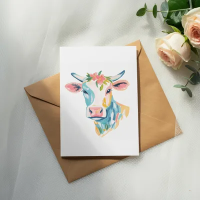 Watercolor cow with floral headdress on greeting card inside envelope.