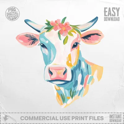 Painted cow head with floral crown and "Easy Download" text.