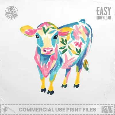 Colorful abstract cow illustration with floral accents and "Commercial Use Print Files" text.