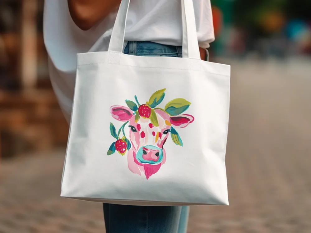 White tote bag with a watercolor painting of a pink cow's head decorated with leaves and berries.