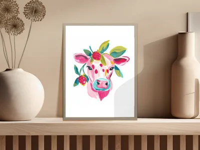 Watercolor painting of a pink cow with berries and leaves on its head.