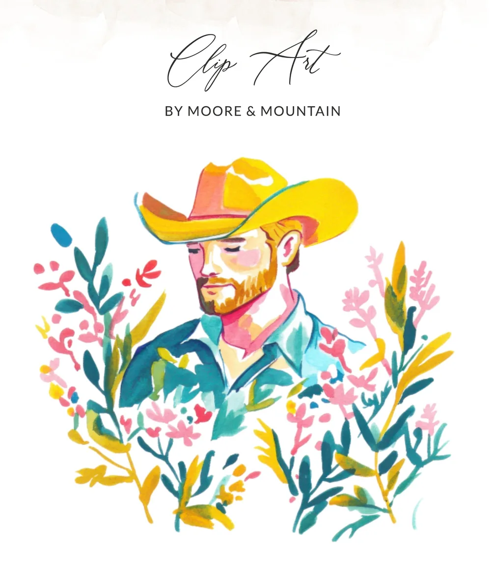 Cowboy in yellow hat surrounded by colorful floral watercolor illustration.