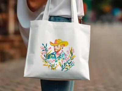 White tote bag with watercolor illustration of a man wearing a cowboy hat surrounded by flowers.