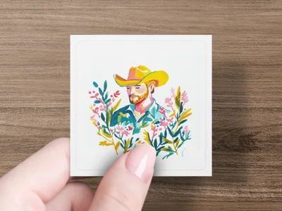 Watercolor illustration of a man in a cowboy hat surrounded by flowers.