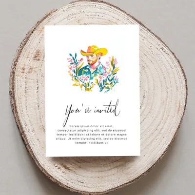 Invitation with watercolor cowboy art and placeholder text.