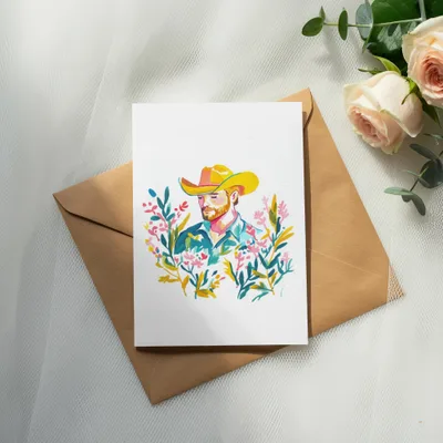 Watercolor painting of a man in a cowboy hat with floral accents.