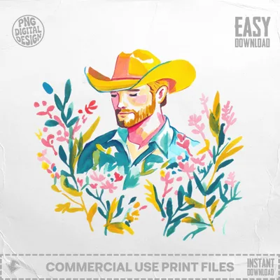 Man in cowboy hat with colorful flowers.