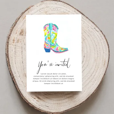 Colorful watercolor cowboy boot on a "You're invited" card.