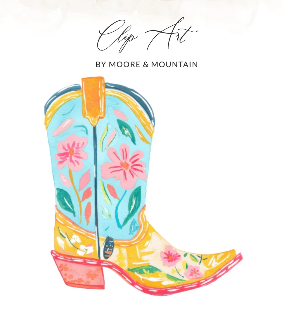 Colorful painted cowboy boot with floral accents and "Clip Art By Moore & Mountain" text.