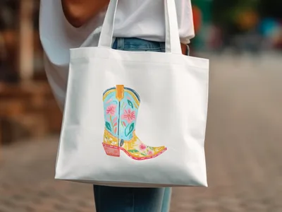 White tote bag with a colorful embroidered cowboy boot illustration.