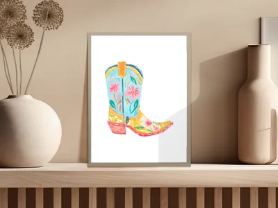 Cowboy boot illustration with floral accents on a shelf.