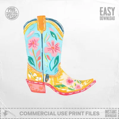 Blue cowboy boot with pink flowers and yellow accents, PNG digital design.