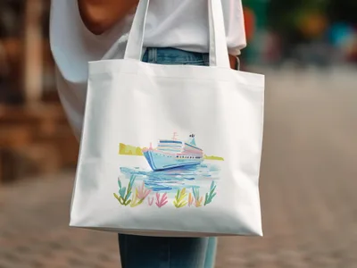 White tote bag with watercolor illustration of a cruise ship on water.