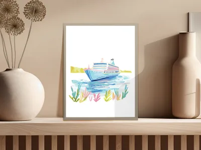 Watercolor painting of a cruise ship sailing on blue water with colorful foliage.