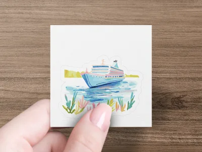 Cruise ship on water with floral accents.