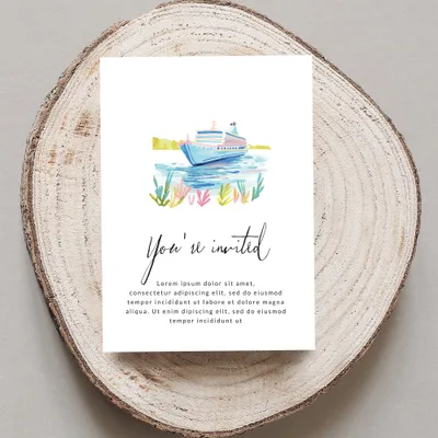 Invitation card with a cruise ship illustration and placeholder text.