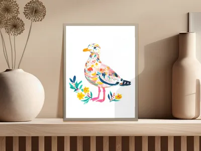 Colorful seagull painting with floral accents in a white frame.
