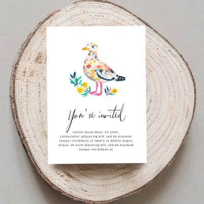 Invitation with colorful seagull and "You're invited" text.