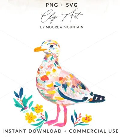 Watercolor seagull illustration with colorful floral accents.