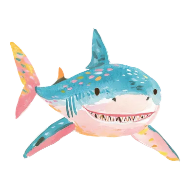 Watercolor illustration of a smiling shark with colorful spots and fins.