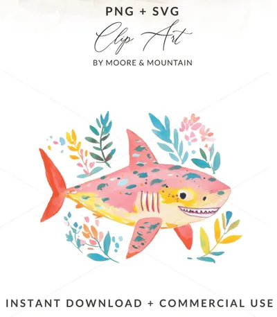 Preppy Cute Shark Digital Download, Kawaii Animal PNG, Trendy Girly Design, Vibrant Pastel SVG, Colorful Sticker Design, Preppy Clipart SVG