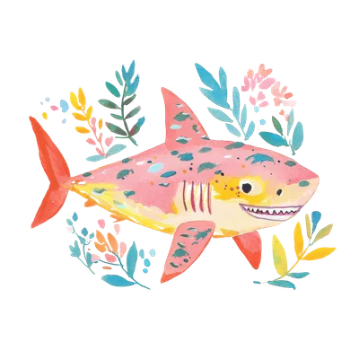 Watercolor illustration of a pink shark with blue spots surrounded by colorful floral elements.