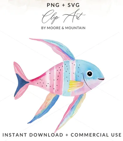 Watercolor rainbow fish illustration with "Clip Art" and "Instant Download" text.